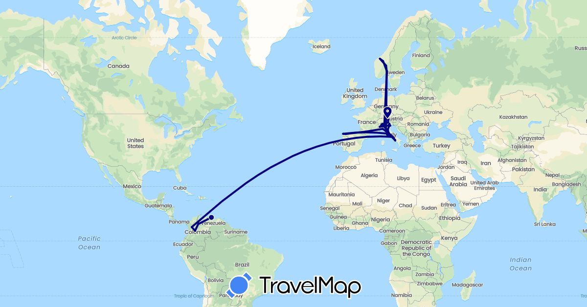 TravelMap itinerary: driving in Austria, Switzerland, Colombia, Spain, France, Italy, Norway, Venezuela (Europe, South America)